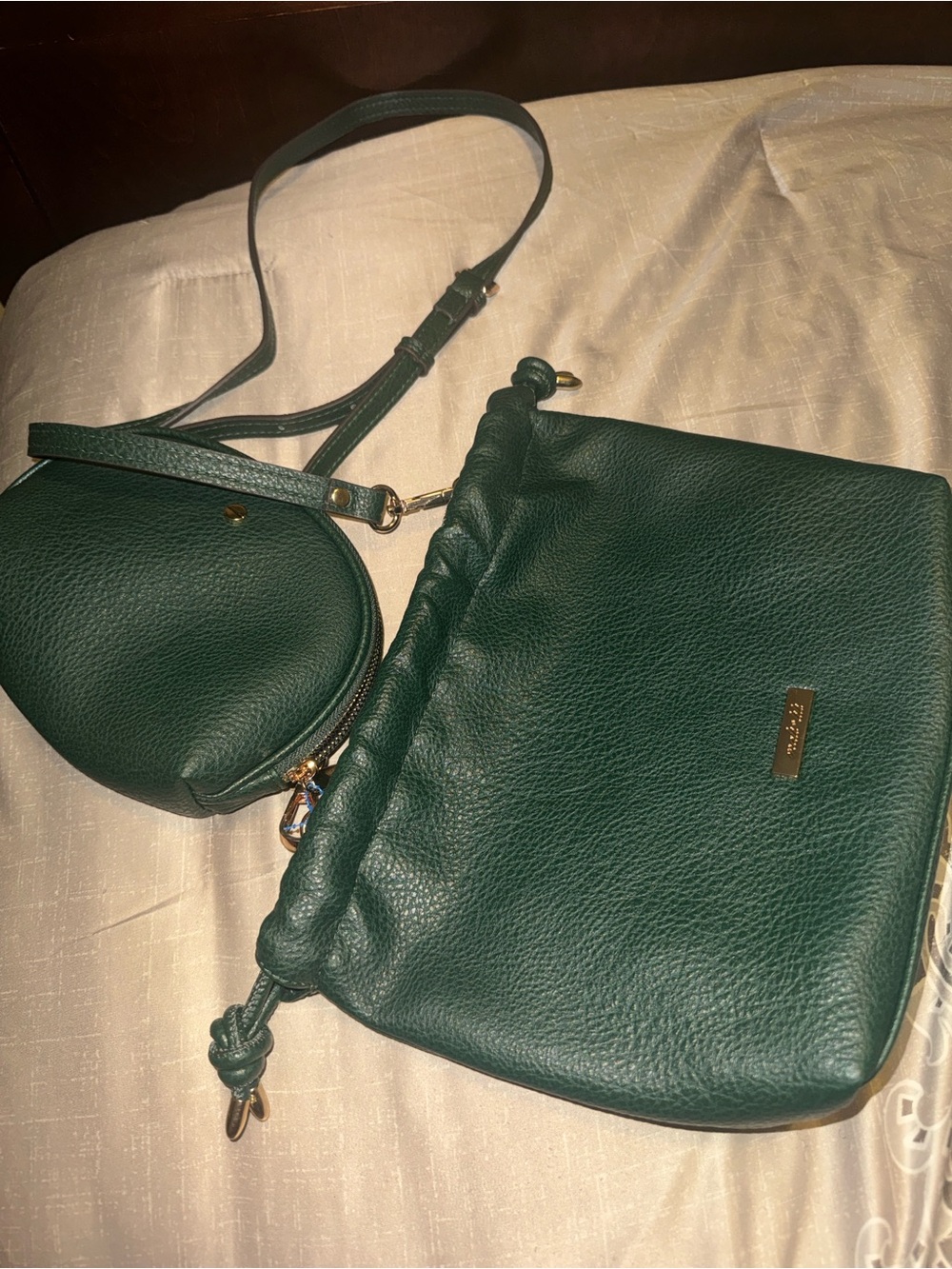 Dark Green Pebbled Leather Drawstring Crossbody with Coin Pouch